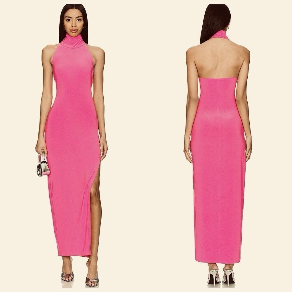 Norma Kamali‎ Halterneck Side Slit Dress Sz L/40 Pink Sleeveless Stretch NWT
